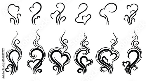 A collection of black heart designs with swirling patterns on a white background