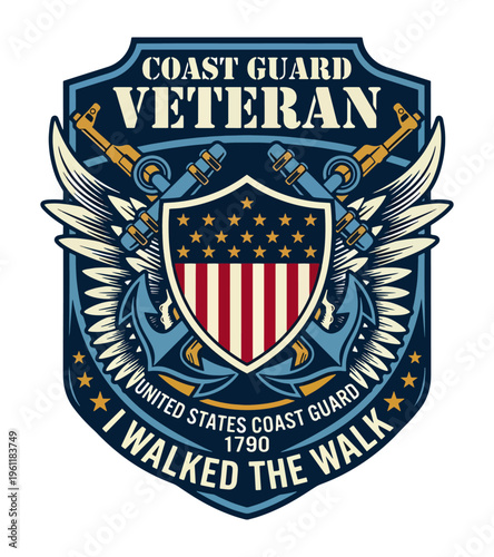 Emblematic illustration representing a Coast Guard veteran with crossed rifles anchors wings and the American flag shield emphasizing service and pride Best Selling T-shirt Design