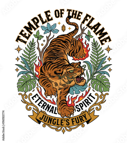 Fierce tiger in a jungle setting surrounded by flames and lush foliage with ornate lettering conveying jungle fury and eternal spirit Best Selling T-shirt Design