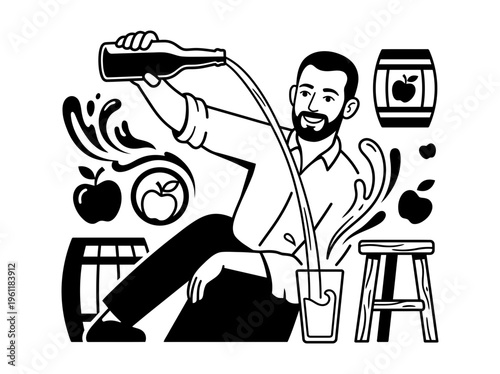 Basque cider pouring tradition line art illustration