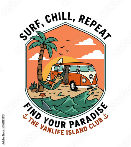 Relaxing summer vacation scene with a person in a hammock by a vintage van and palm tree on a tropical island beach with ocean waves and a shark fin Best Selling T-shirt Design
