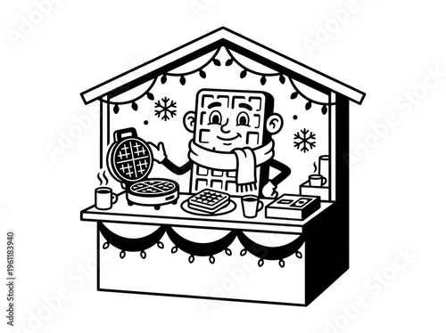 Belgian waffle stall market line art illustration
