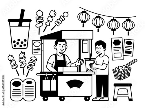 Taiwan night market stall line art illustration