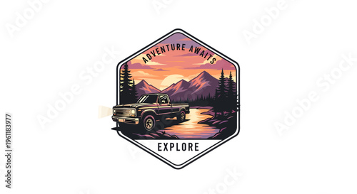 Vintage Truck Adventure in Mountain Sunset Landscape.