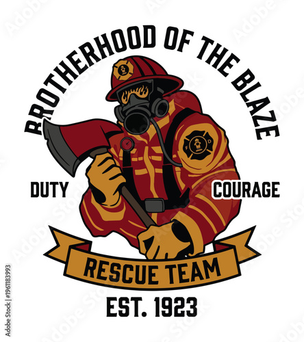 Symbol of a brave firefighter in full gear holding an axe with text about duty courage and rescue team est 1923 Best Selling T-shirt Design