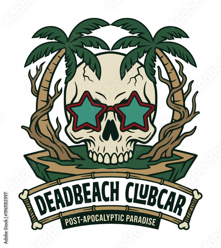 Stylized skull wearing starshaped sunglasses with palm trees and island motif and postapocalyptic paradise text isolated on transparent background Best Selling T-shirt Design