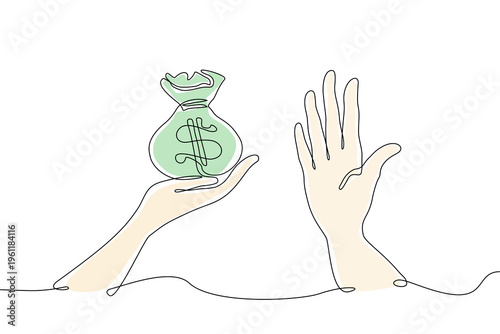Continuous one line drawing of a hand offering a money bag while another hand shows a stop gesture, symbolizing anti-corruption, ethics, and integrity. Editable stroke