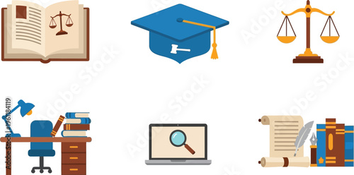 Legal education icons feature an open law book, a graduation cap, and scales of justice signifying academic pursuit in jurisprudence.