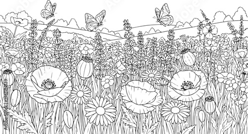 Whimsical meadow scene featuring blooming wildflowers and fluttering butterflies isolated on white background, Vector