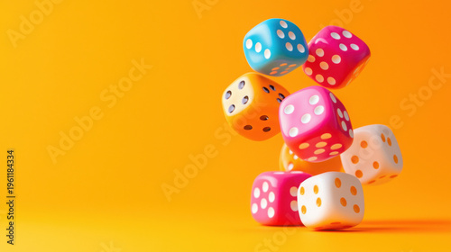 Colorful Dice Falling Against Bright Orange Background