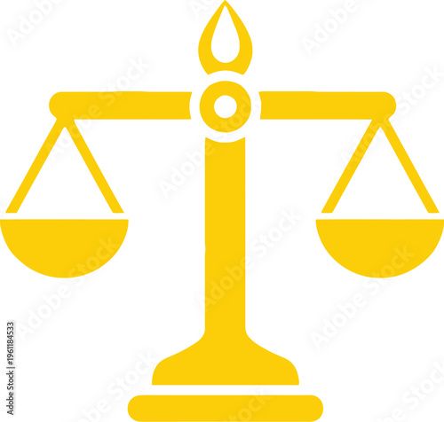 A bright yellow graphic symbol of the scales of justice is centered against a plain white background, representing fairness and arbitration.