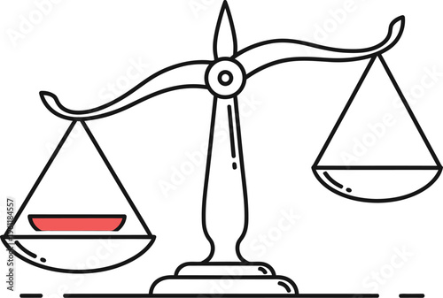 Balance scale illustration shows an imbalance with a small red object on the left pan indicating inequality or need for justice.