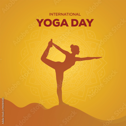 Dancer pose silhouette illustration for international yoga day celebration with golden background and abstract mountain landscape elements