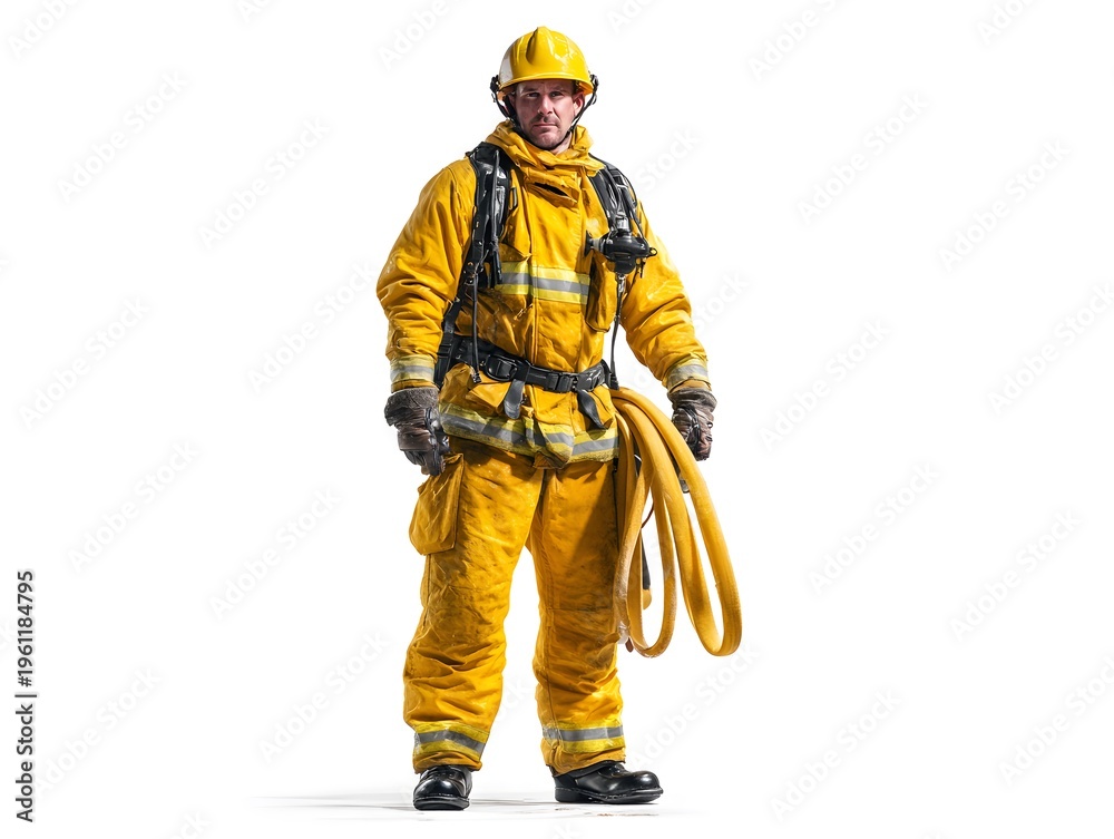Fototapeta premium Professional firefighter in yellow gear holding a fire hose
