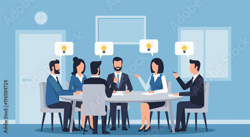Business people discussing ideas in modern office meeting room with lightbulb illustrations in flat design for teamwork