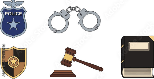Various icons representing law enforcement, justice, and legal authority are displayed against a white background for concept use.