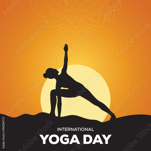 Extended side angle yoga pose silhouette against orange sun background for international yoga day poster and banner