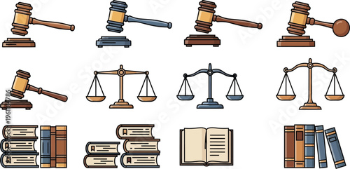 A grid displays various illustrations of wooden gavels and classic scales of justice, representing legal proceedings, judgments, and court authority.