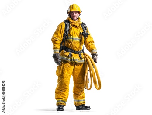 Professional firefighter in yellow gear holding a fire hose