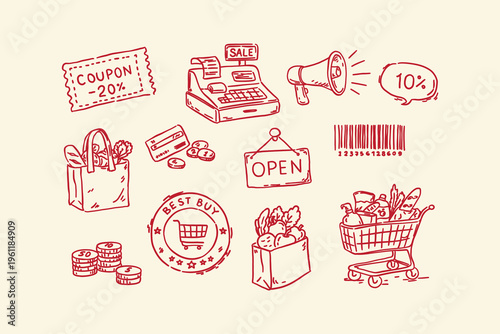 Shopping and grocery doodle icon set in dark red line art. Hand-drawn sketches of cash register, shopping cart, delivery bags, coupons, and retail symbols. Isolated linear vector illustrations.