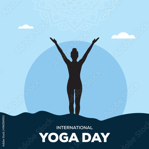 Mountain pose with raised arms silhouette for international yoga day wellness event on light blue sun background