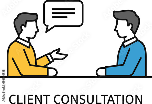Two stylized business people communicate across a table with a speech bubble indicating active dialogue or consultation.