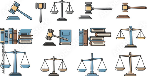 A comprehensive set of illustrated legal icons features various judges' gavels, stacks of law books, and different representations of the scales of justice.