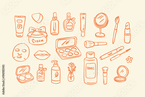 Hand-drawn beauty and skincare icon set. Includes cream jar, perfume, face mask, lipstick, tonic, makeup palette, and brushes in a warm linear doodle style.