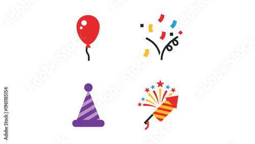 Celebratory icons featuring party balloons, fireworks, party hats, and sparklers