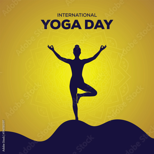 Tree pose silhouette with open mudra hands for international yoga day celebration with yellow mandala and hills