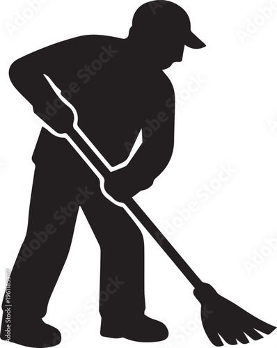 A silhouette of a person using a push broom to clean an area. Vector