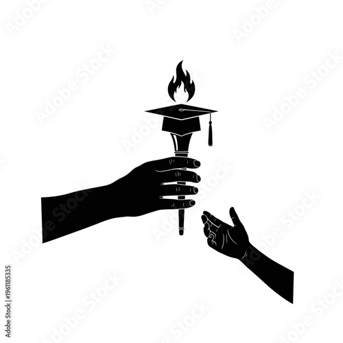 Hands passing graduation torch to student.