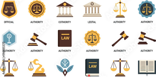 A set of various golden and brown badges and seals featuring scales of justice, shields, and law books representing authority and official status.