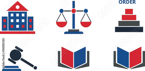 A collection of flat, stylized icons representing various aspects of law, justice, and legal systems, rendered in red, blue, and gray colors.