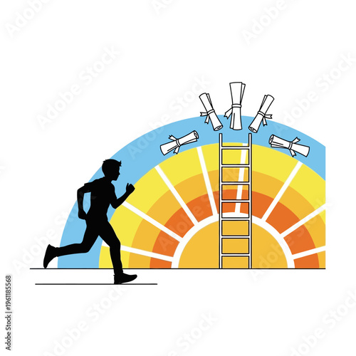 Man Running Past Satellites and Ladder.