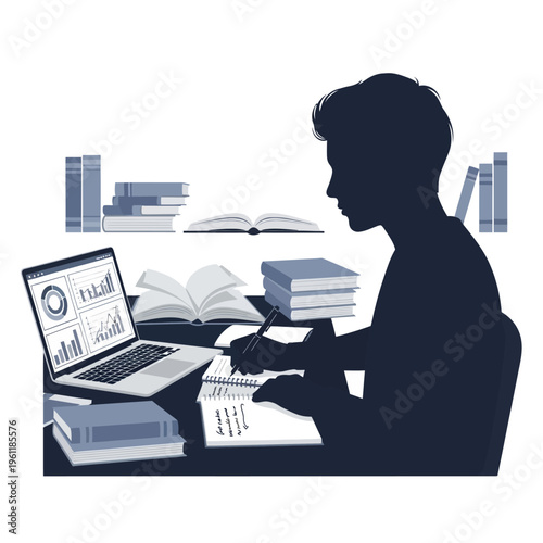 Man studying with laptop and books.