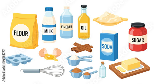 Various essential baking ingredients and kitchen tools arranged for preparing delicious homemade desserts and pastries