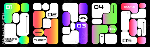 Vertical bento grid layout templates, Y2K aesthetic mobile UI components with vibrant neon gradients and abstract rounded shapes [преобразованный]