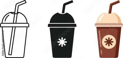 Vector graphic illustration of three different disposable cup designs with straws and lids