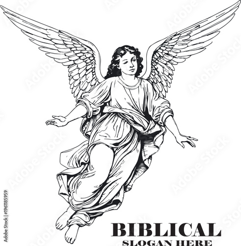 biblical angel soaring in the sky, rendered in Renaissance-era vintage engraving style, black and white, fine linework, outline vector illustration, 