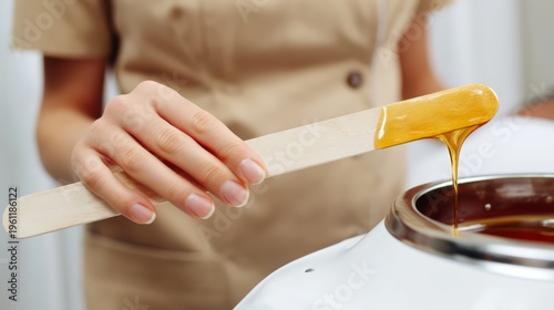 Waxing specialist holding a spatula with warm amber honey wax dripping. Concept of waxing procedure promo.