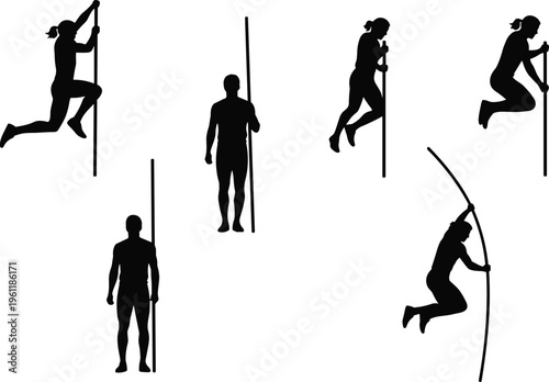Pole vault athlete silhouettes set in action poses isolated on white background, track and field sport movement, jumping technique illustration for training and competition design