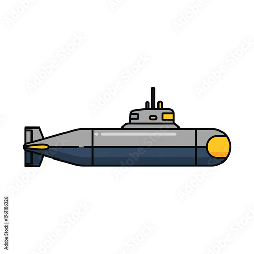 A cartoon submarine with yellow accents.