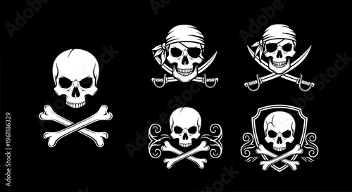 Skull set with crossbones and pirate symbols in white on black background featuring symbol, icon, illustration with graphic and design elements for