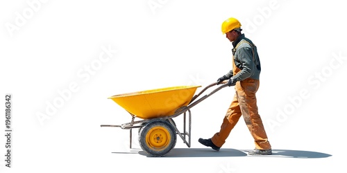 Construction Worker Pushing Wheelbarrow on White Background