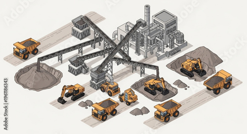 Isometric View of Mining Operation with Heavy Machinery and Processing Plant.