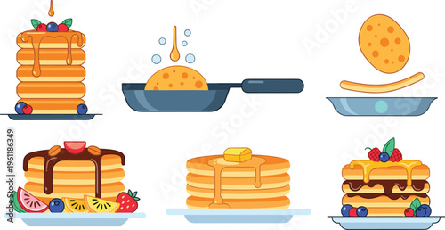 Delicious pancakes collection with syrup butter berries and cooking process colorful cartoon breakfast food vector illustration set