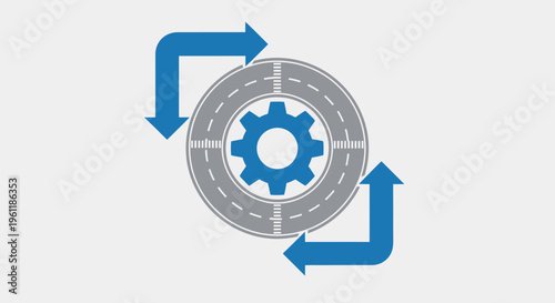 Circular Road with Arrows and a Central Gear Icon, Symbolizing Process, Strategy, and Efficient Workflow on a Bright Studio Background