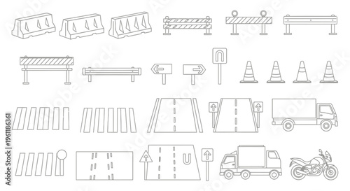 Comprehensive Set of Outline Icons for Road Construction, Traffic Control, and Transportation Elements on Isolated White Background