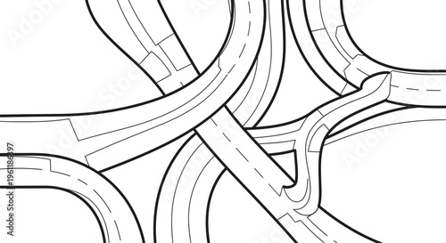 Abstract Black and White Intertwined Road Network with Multiple Junctions on Isolated White Background, Concept of Complex Routes